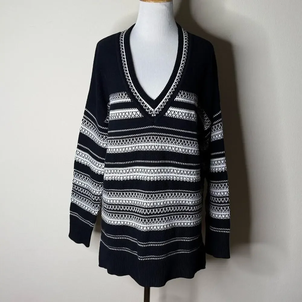Vince Black and White Striped V-Neck Sweater